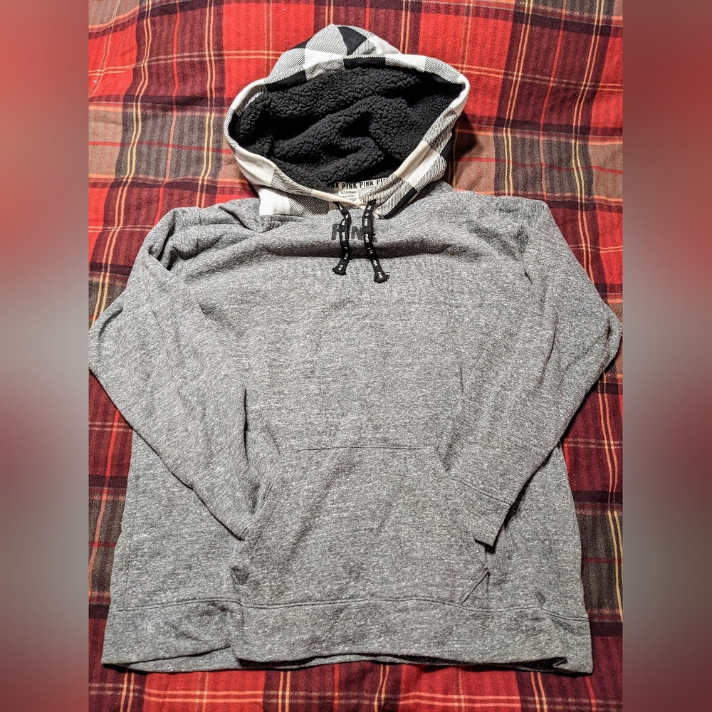PINK Victoria's Secret Buffalo Check Sherpa Lined Hood Hoodie Sweatshirt L Y2K